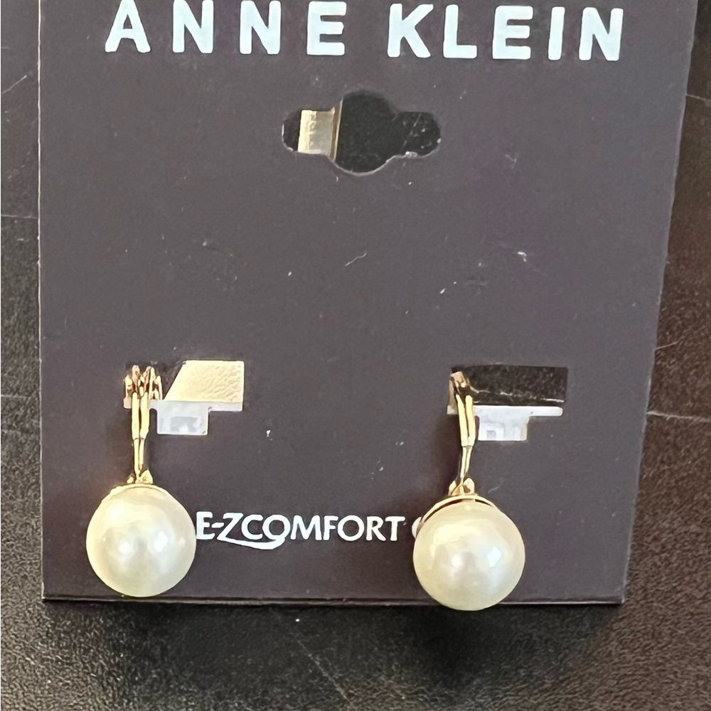Anne Klein Gold Tone Faux Pearl EZ-Comfort Earrings NWT